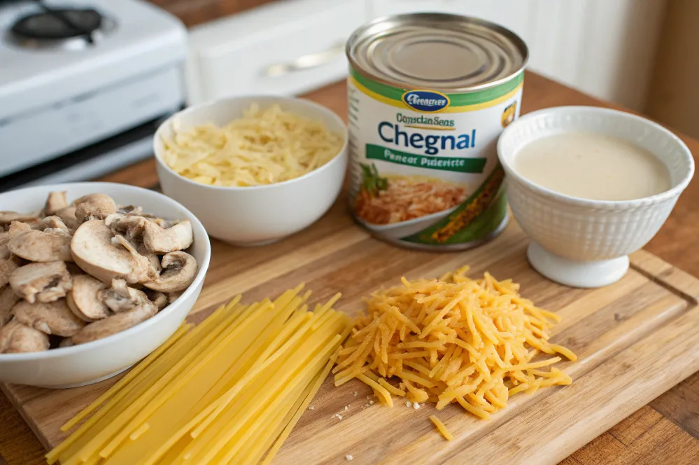 Ingredients for a tuna casserole displayed on a wooden countertop.