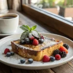 Crème brûlée French toast garnished with fresh berries and mint